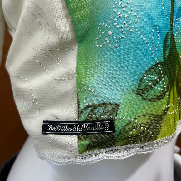 VTG Des Filles à la Vanille Paris Wrap Lace Top Blue Green Floral Sheer Y2K Boho - Picture 5 of 13